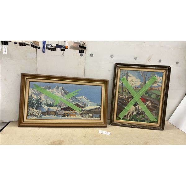Two Framed Needlepoint Tapestries: Alpine Village and Fox Hunting Scenes