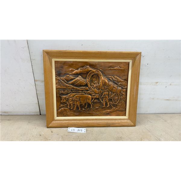 Framed Copper Embossed Wall Art Panel Depicting Pioneer Covered Wagon Western Scene, 18 × 22”