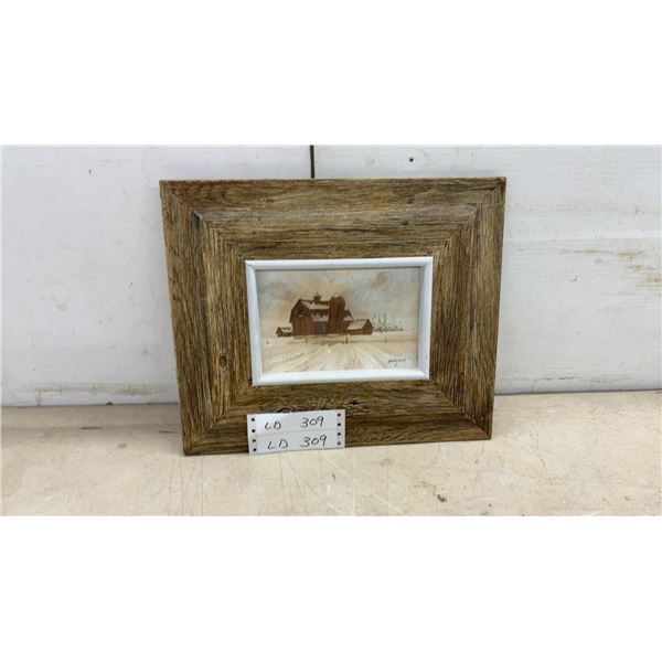 Framed Winter Landscape Painting with Barn and Pines in Distressed Wood Frame, Signed, 12 × 14”