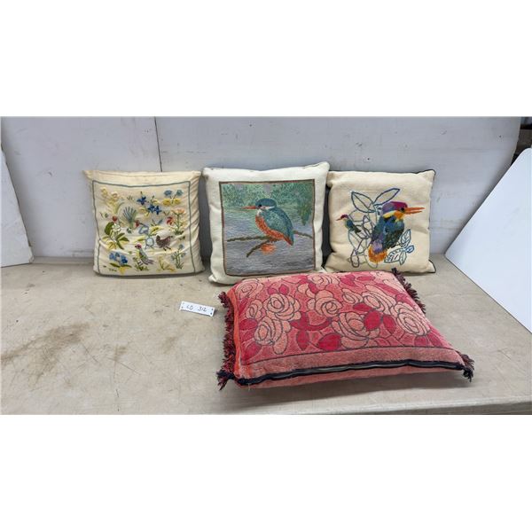 Three Decorative Throw Pillows With Embroidered Bird, Floral, and Kingfisher Designs