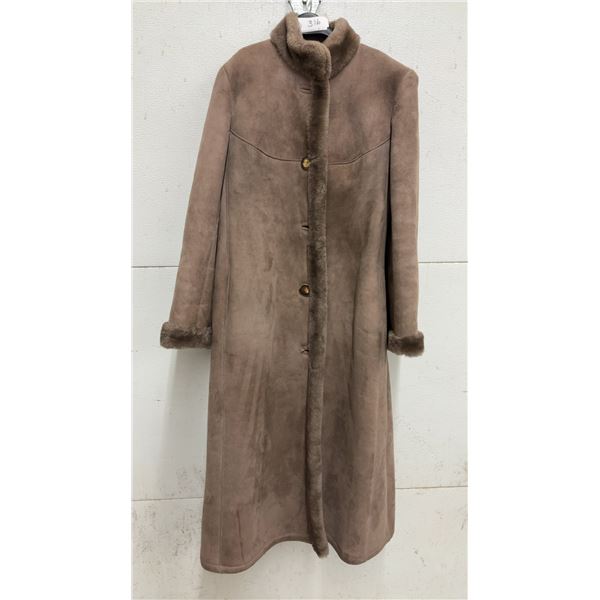 Holt Renfrew Women's Long Shearling Coat, Size 10, Brown Suede with Fur Lining and Trim