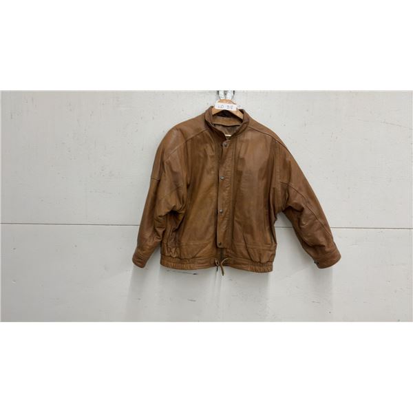 Brown Genuine Leather Bomber Jacket with Nylon Lining, Sz 42