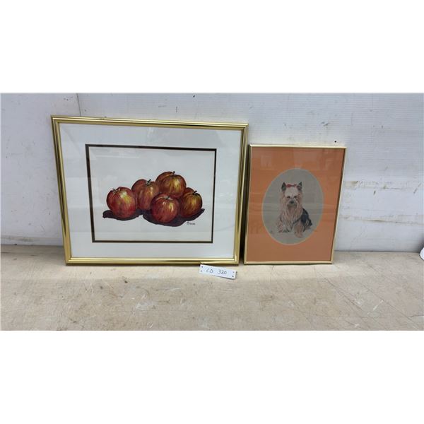 Two Framed Pictures Still of Apples and Yorkshire Terrier, Largest 16 × 20”