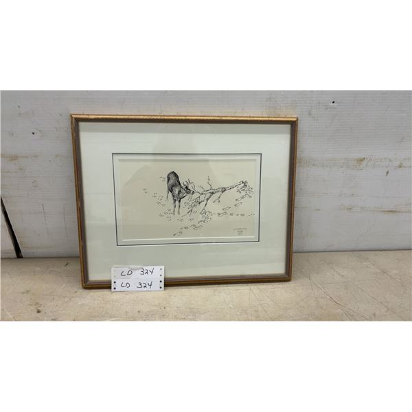 J. Carson 1978 Framed Pen and Ink Drawing, Buck With Fallen Branch and Deer Tracks in Snow