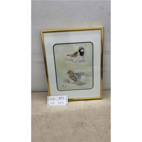 Framed Watercolor Painting of Two Sparrows, Monogrammed and Dated 1997, 14 1/2 × 11 1/2”
