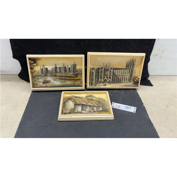 Three Hand-Painted Ivorex Plaques: Carnarvon Castle and Westminster Abbey