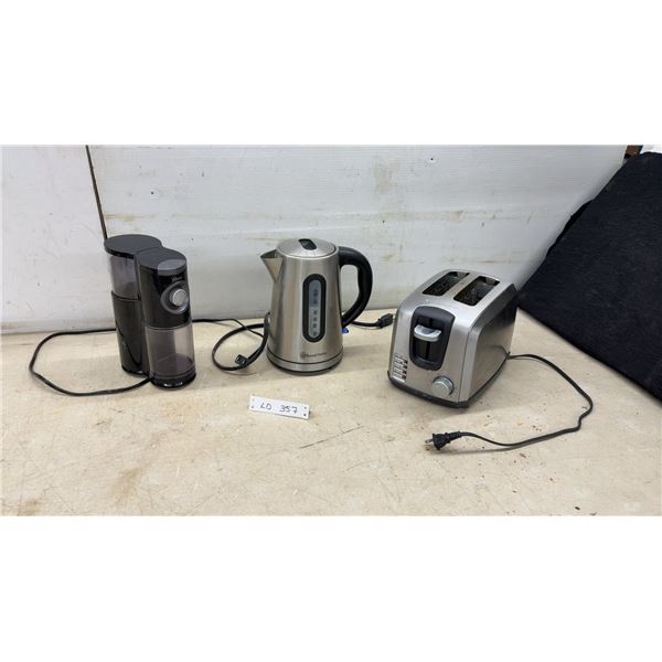 Russell Hobbs 1.7L Kettle, Black+Decker 2-Slice Toaster, and Oster Burr Coffee Grinder