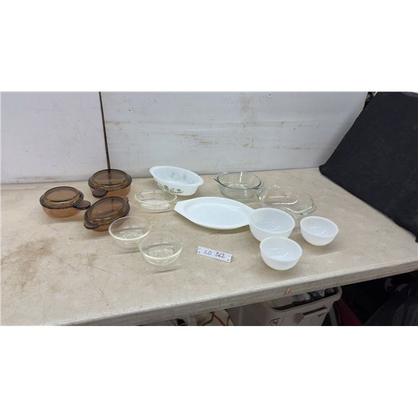 Visions Amber Casseroles, Spring Blossom Green Bakers, and Custard Cups, Fire King Mixing Bowls