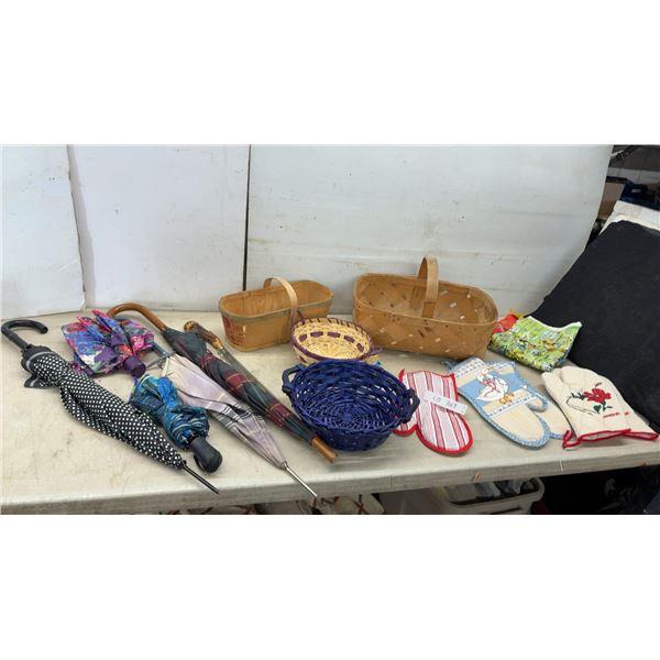 Assorted Umbrellas, Vintage Lynden Apple Basket, Woven Baskets, Oven Mitts, Shoe Horn