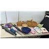 Image 1 : Assorted Umbrellas, Vintage Lynden Apple Basket, Woven Baskets, Oven Mitts, Shoe Horn