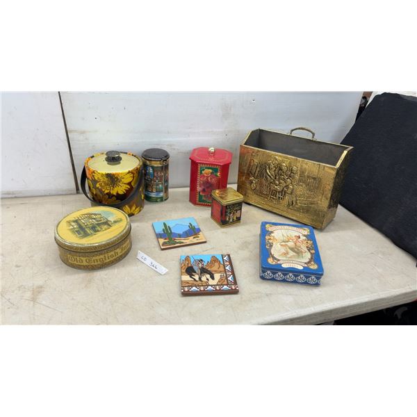 Vintage Tin Collection with Huntley and Palmers 1901 Biscuit Tin, Ice Bucket, Brass Magazine Rack