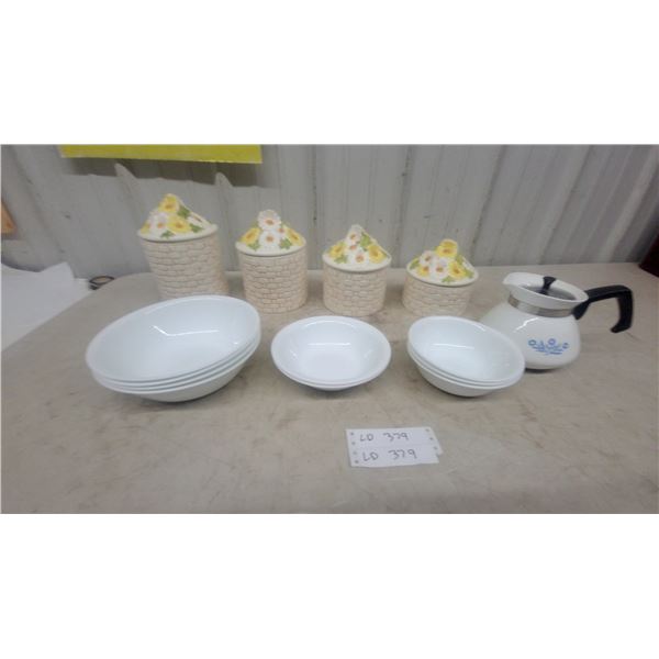 Corning Ware Blue Cornflower Carafe, White corelle Bowls, Daisy Basketweave Canister Set