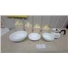 Image 1 : Corning Ware Blue Cornflower Carafe, White corelle Bowls, Daisy Basketweave Canister Set