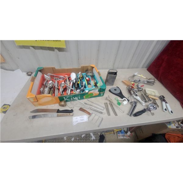 Large Lot of Kitchen Utensils Including Cutlery, Knives, Whisks, Egg Beaters, Graters