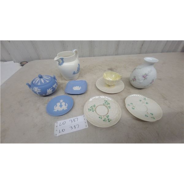 Wedgwood Jasperware Lidded Bowl and Belleek Shamrock Saucers