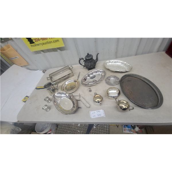 Victorian Cast Iron Teapot, Silver Plate Trays, Bowls, Creamer, Sugar