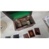 Image 10 : Vintage Waste Basket, Ashtray, Letter Opener, 2 Zodiac Spinners, and Wood Box