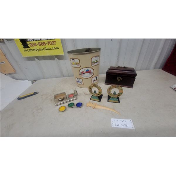 Vintage Waste Basket, Ashtray, Letter Opener, 2 Zodiac Spinners, and Wood Box
