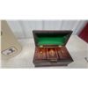 Image 8 : Vintage Waste Basket, Ashtray, Letter Opener, 2 Zodiac Spinners, and Wood Box