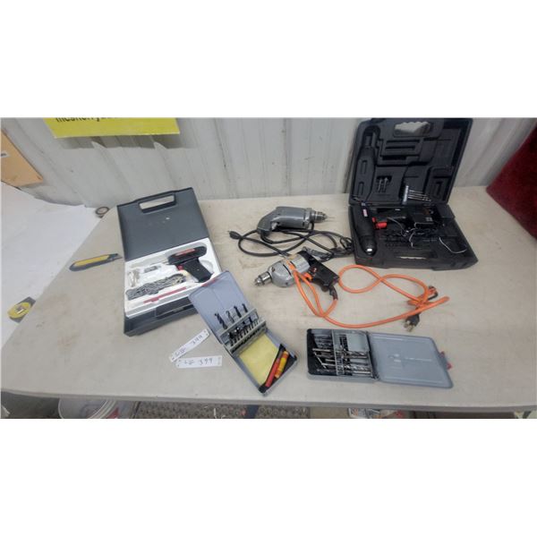 Craftsman Cordless Drill and Charger; 2 Vintage Drills; Weller Soldering Gun Kit; 2 Drill Bit Sets