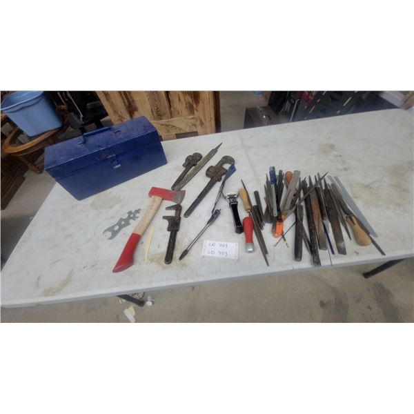 Assortment of Files, Rasps, Hatchet, Pipe Wrenches, Screwdriver, Bike Multi-Tool