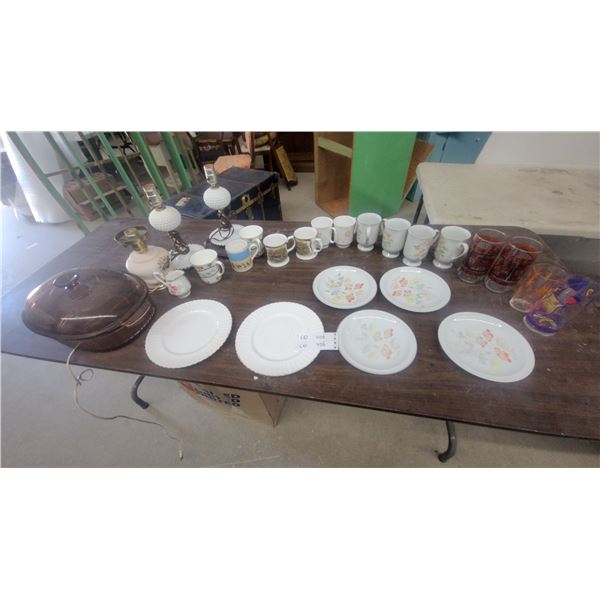 Assorted Dinnerware and Drinkware Plus Lamps and Cookware