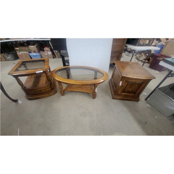 Oval Glass-Top Coffee Table and Two End Tables
