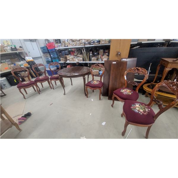 Gibbard Round Dining Set with Six Carved Fruit-Tapestry Chairs