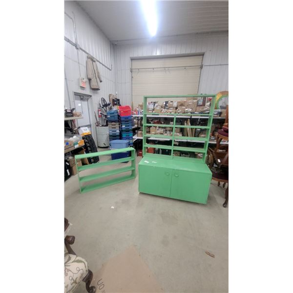 Green Painted Hutch 75”×24”×49” and Matching Low Bookshelf 30”×49” ×7”
