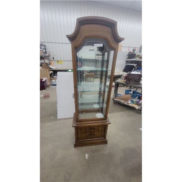 Curved Top Display Cabinet with Glass Shelves and Two Drawers 24”×69”×12” lights up