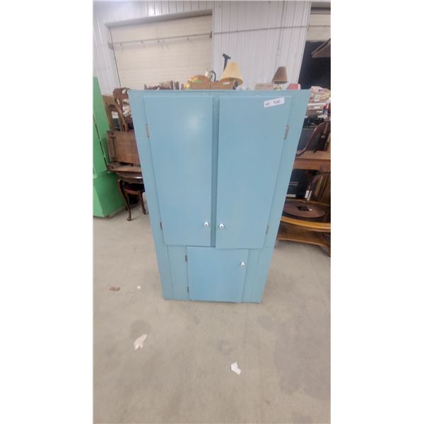 Vintage Light Blue Painted Wooden Storage Cabinet with Upper and Lower Doors
