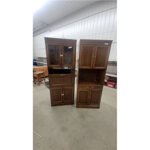 Pair of Traditional Wood Hutch Cabinets with Glass Doors, Drop-Front, Drawer and Brass Hardware