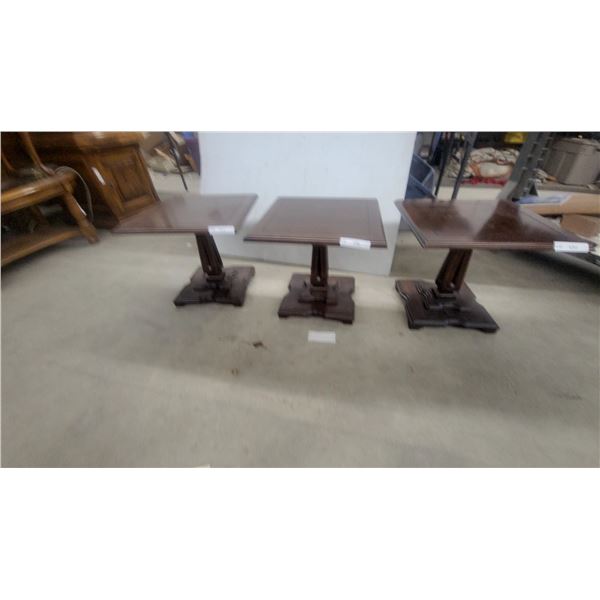Set of 3 Dark Wood Square-Top Pedestal Tables with Fluted Column and Decorative Base 16”×18”×18”
