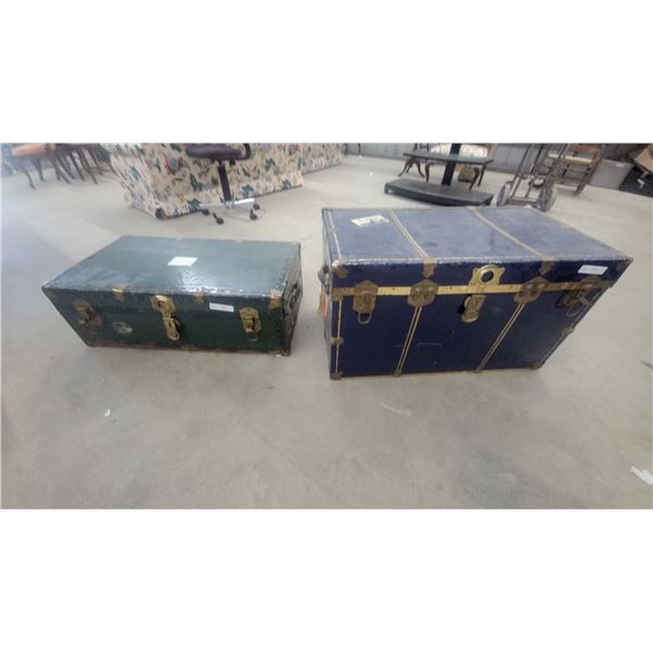 Two Vintage Trunks, One Blue and One Green, with Contents Including Wreath and Cards 1)20”×20”×36”