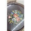 Image 3 : Carved Wood Tripod Table with Needlepoint Floral Top and Glass Cover 24” diameter 26” High
