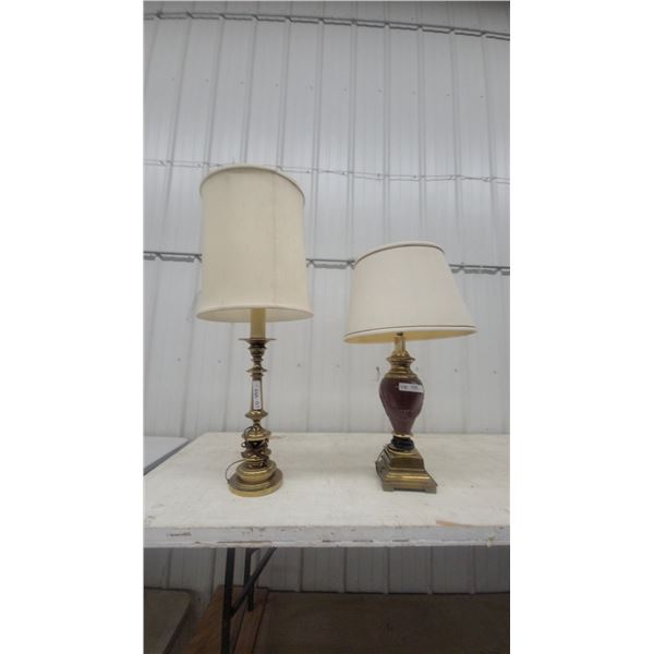 Pair of Table Lamps: Brass and Burgundy Urn-Form Lamp (LD 434) and Brass Column Lamp (LD 435)