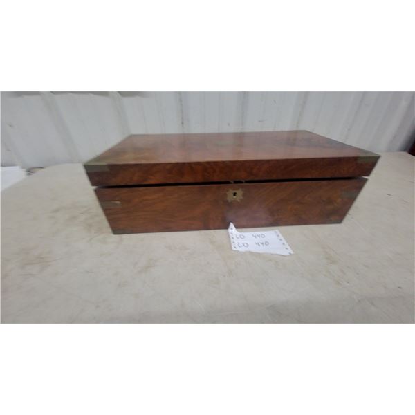 Antique Burlwood and Brass Campaign Desk Box, Red Velvet Interior, Brass Inkwell and More