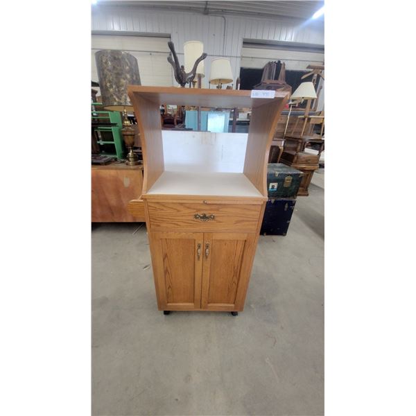 Oak Wood Rolling Kitchen Cart with Towel Bar, Drawer, and Cabinet 55”×18.6”×24”