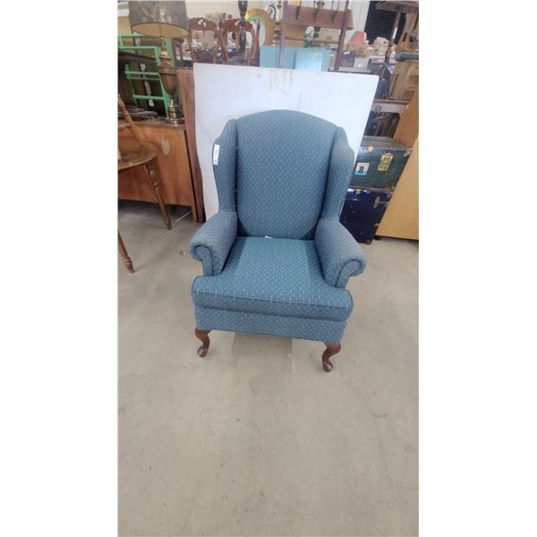 Blue Upholstered Wingback Armchair with Cabriole Legs