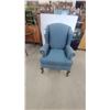 Image 1 : Blue Upholstered Wingback Armchair with Cabriole Legs