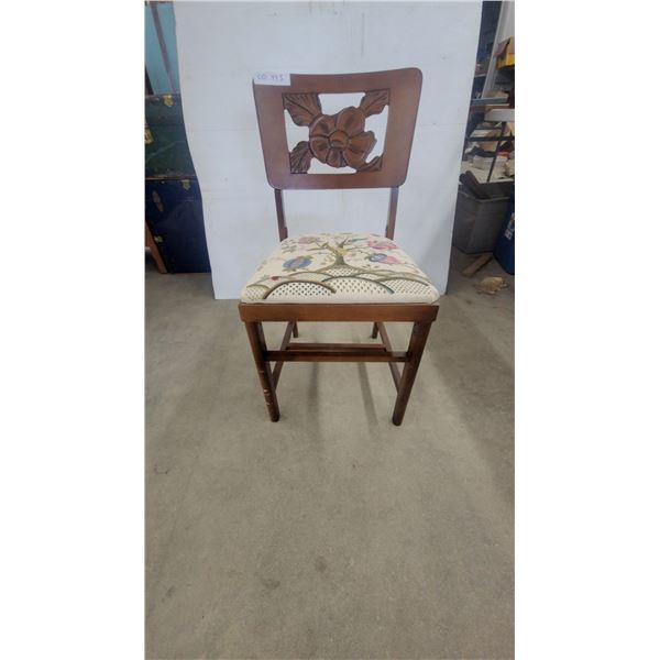 Vintage Wooden Side Chair with Carved Floral Backrest and Embroidered Upholstered Seat