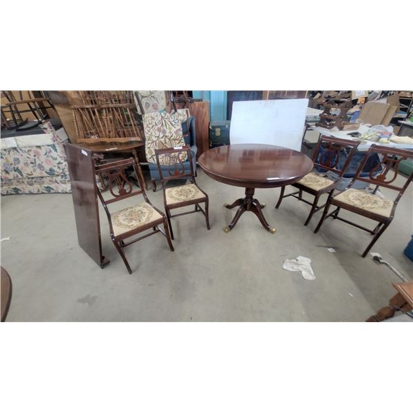 Mahogany Pedestal Dining Table with 4 Lyre-Back Chairs and Leaf