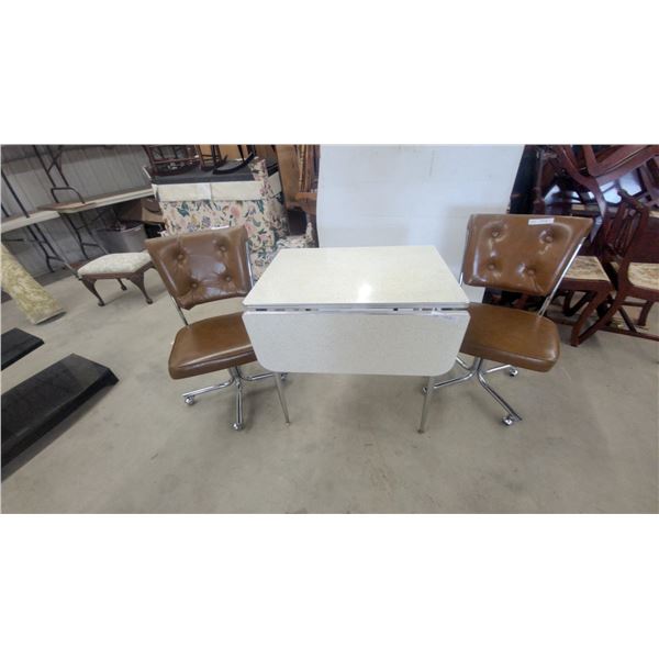 Mid-Century Modern Drop-Leaf Table extended size 46”×30”×30” and 2 Brown Tufted Swivel rolling