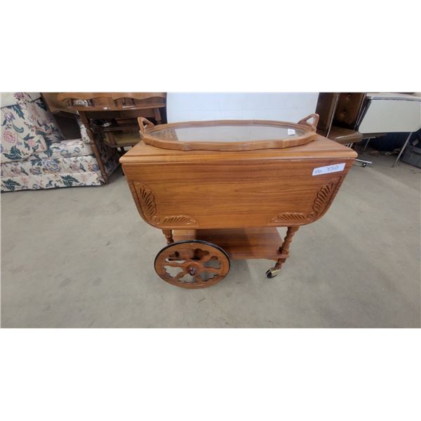 Vintage Wood Tea Cart with Drop Leaves, Glass Tray, and Spoked Wheels