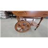 Image 3 : Vintage Wood Tea Cart with Drop Leaves, Glass Tray, and Spoked Wheels