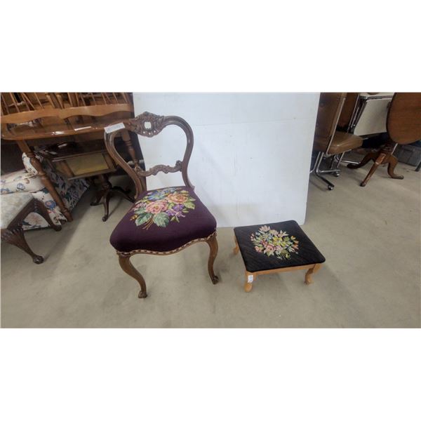 Carved Wood Chair with Floral Needlepoint Seat and Matching Footstool