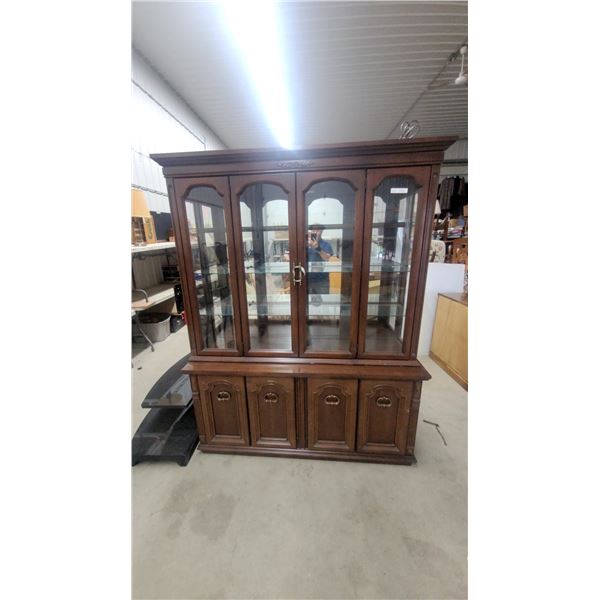 Dark Wood China Cabinet with Glass Shelves and Doors, Brass-Tone Handles, and More 80”×63”×19”