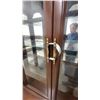 Image 5 : Dark Wood China Cabinet with Glass Shelves and Doors, Brass-Tone Handles, and More 80”×63”×19”
