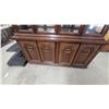 Image 6 : Dark Wood China Cabinet with Glass Shelves and Doors, Brass-Tone Handles, and More 80”×63”×19”