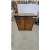 Image 1 : Traditional Two-Door Wooden liquor cabinet with Carved Frieze and Brass Ring Pulls 34”×31”×16”